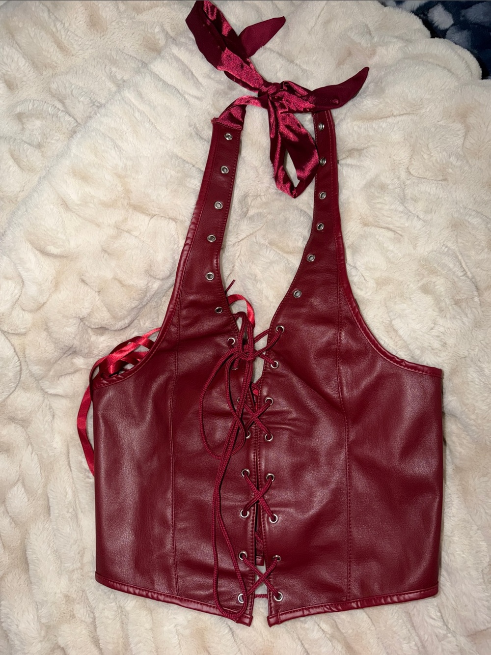 Fashion Nova Burgundy Faux Leather Lace-Up Halter Crop Top